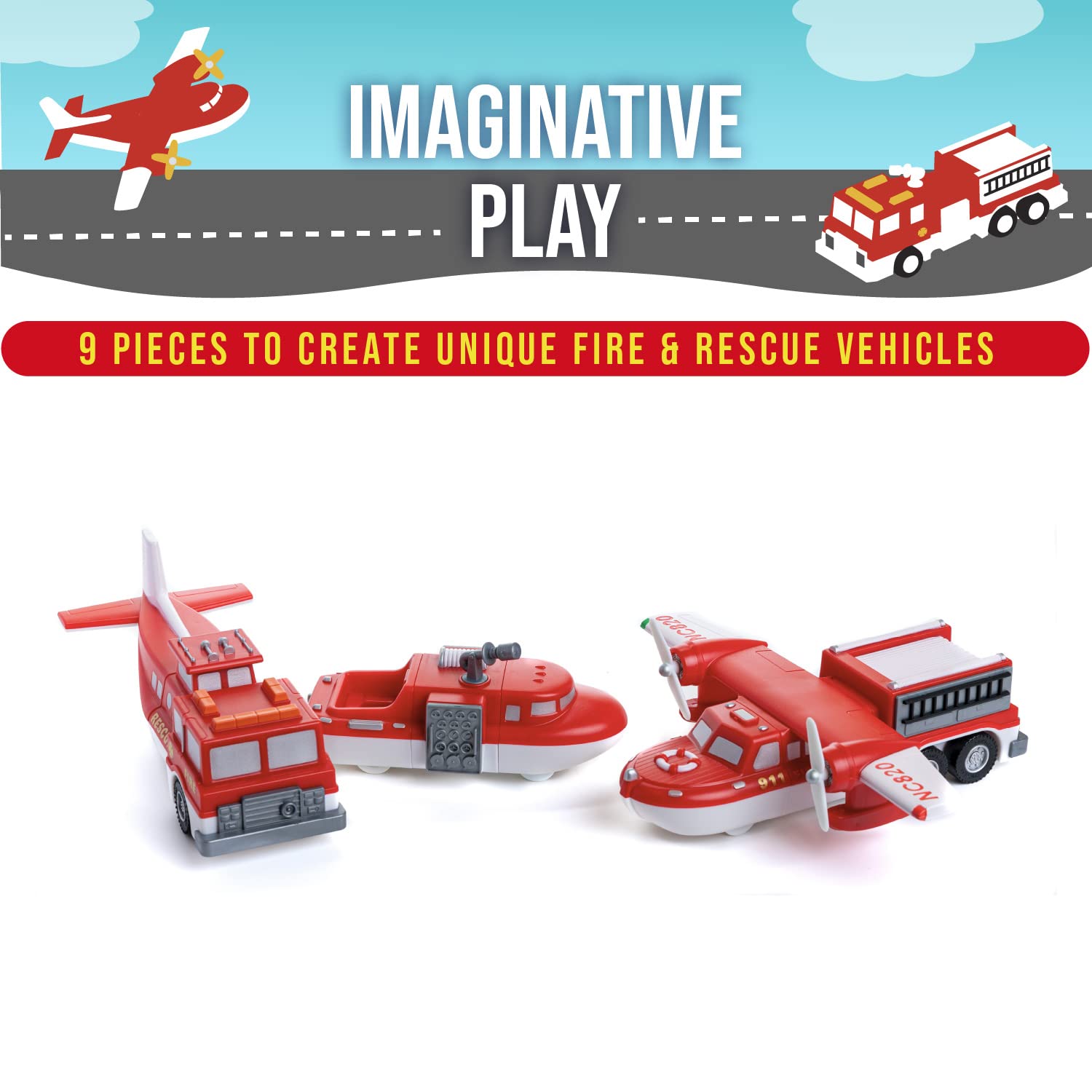 Popular PLAYTHINGS Magnetic Mix or Match® Vehicles, Fire & Rescue, Red and White