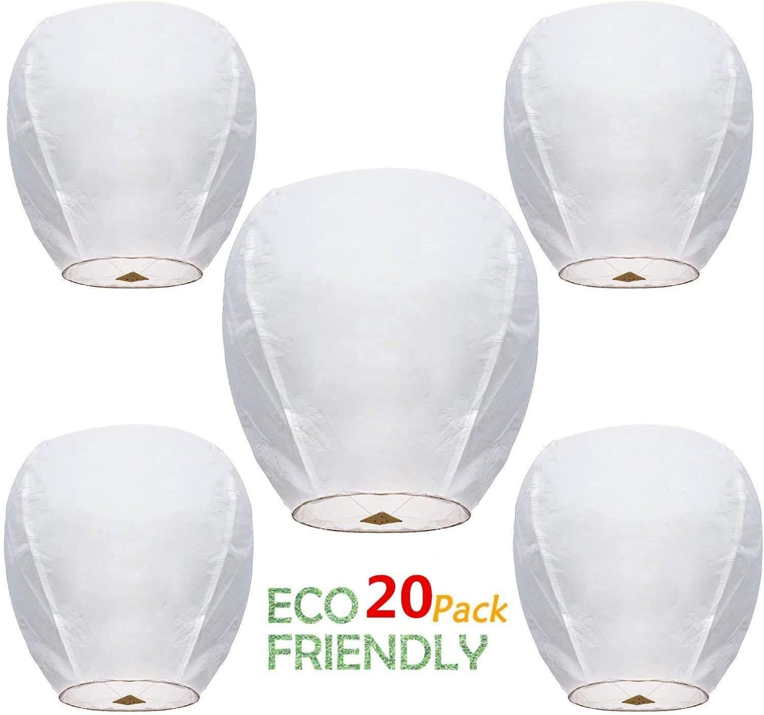 20 Pack Chinese Sky Lanterns - White, Eco Friendly, 100% Biodegradable. Wire-Free Paper Lantern to Release in Sky (Y26)