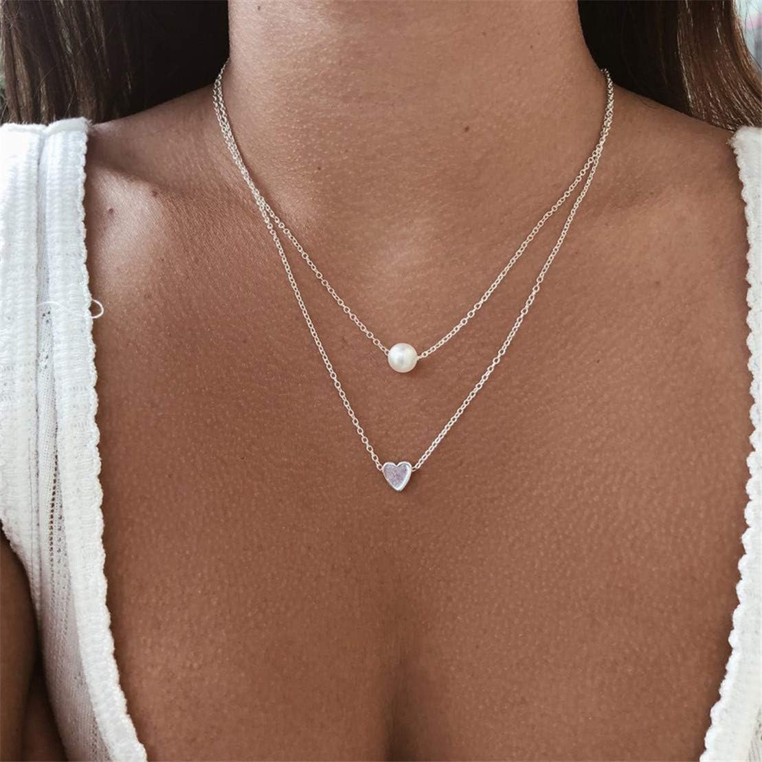Kissherely Bohemian Double Layer Necklace Imitation Pearl Heart Charm Layered Necklace Clavicle Chain (Silver)