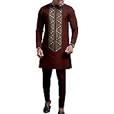 African Suits for Men Embroidery Shirts and Pants 2 Piece Set Dashiki Outfits Tribal Clothing