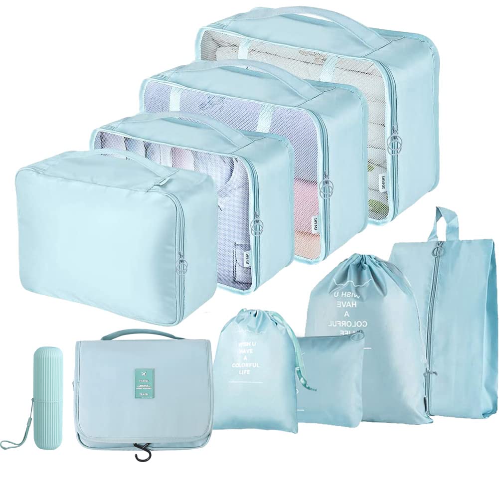Toifucos 10pcs/set Travel Packing Cubes: Waterproof, See Through, Durable Travel Luggage Organizers with Mesh Top, Blue
