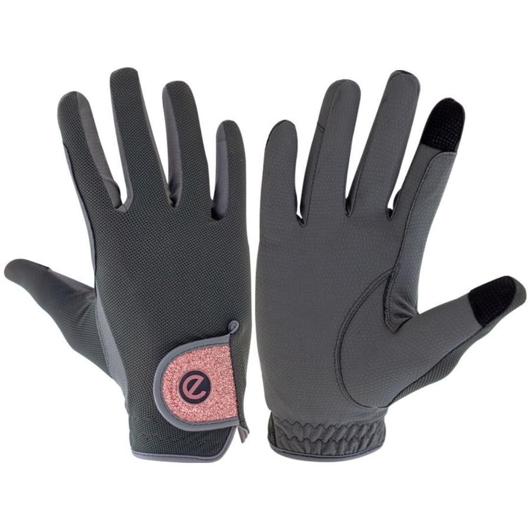 eGlove - eQUEST GripPro X-LITE Horse Riding Gloves - Lightweight, Breathable, Grippy Non-Slip Material - Comfort Mesh Back - Touchscreen Gloves (GREY - ROSE GOLD GLITTER CUFF, XXS)