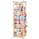 EULXSUD Stuffed Animal Storage - Tall Natural Pine Wood Toy Organizer with Elastic Cords & Shelf, Space-Saving Plushie Playhouse for Nursery, Playroom, Kids Bedroom - Easy Assembly