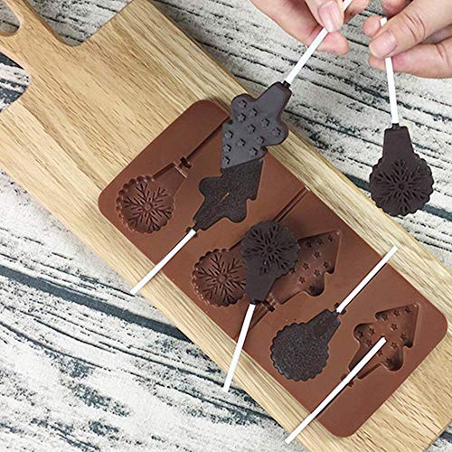 Cozihom 6 Cavity Silicone Lollipop Mold, Chocolate Mold, Typical Round, Stars & Hearts, Bowknots, Christmas, Smile Faces Shape, 5 PCS, and 130 PCS Lollipop Sticks.