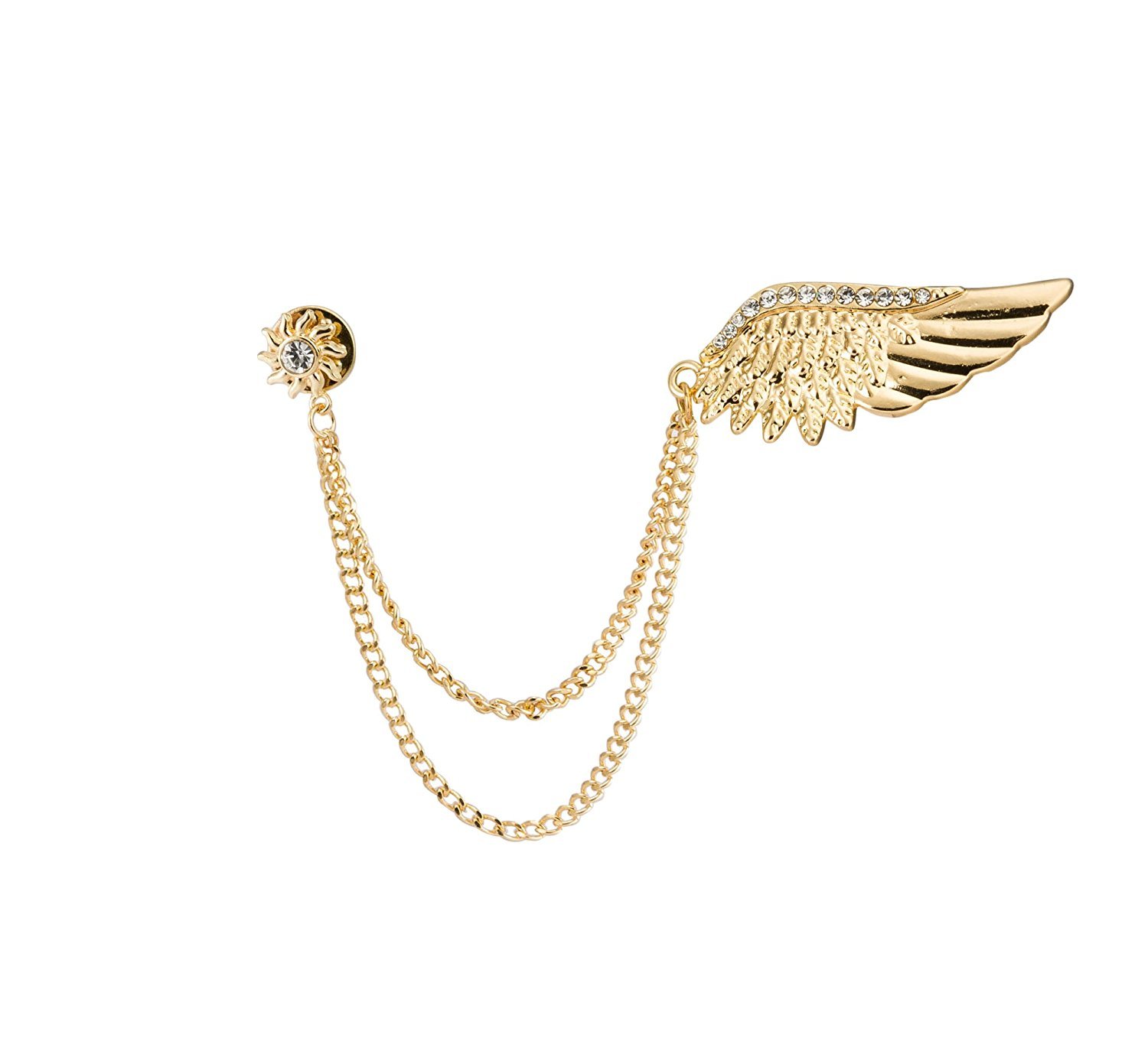 Knighthood Golden Stone Wing with Hanging Chain Golden Badge Coat Suit Wedding Gift Party Shirt Collar Accessories Brooch for Men