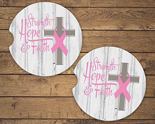 Strength Hope and Faith Sandstone Car Coasters Breast Cancer Pink Ribbon and Cross, Set of 2