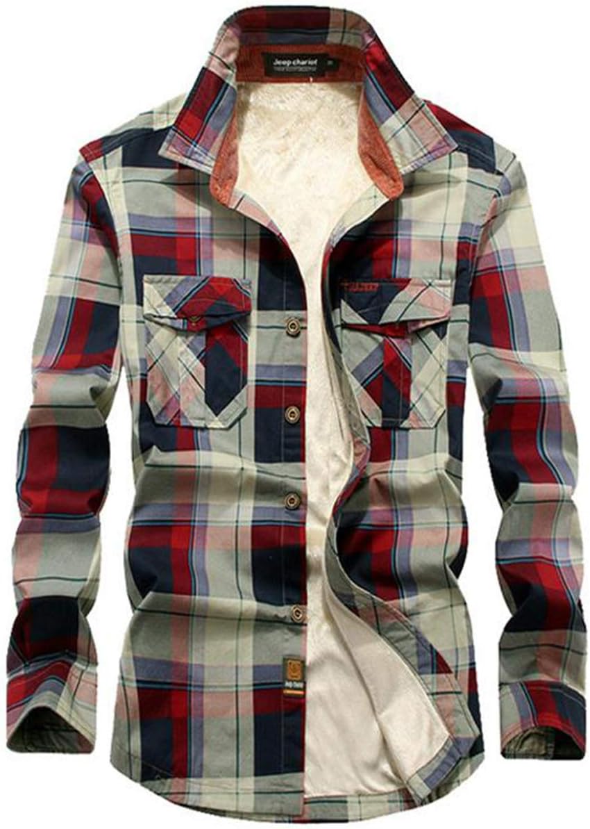 CoolEnding Mens Winter Warm Casual Long Sleeves Lamb Cashmere Plaid Retro Shirt Plus Cashmere Cotton Blouse Red XXL