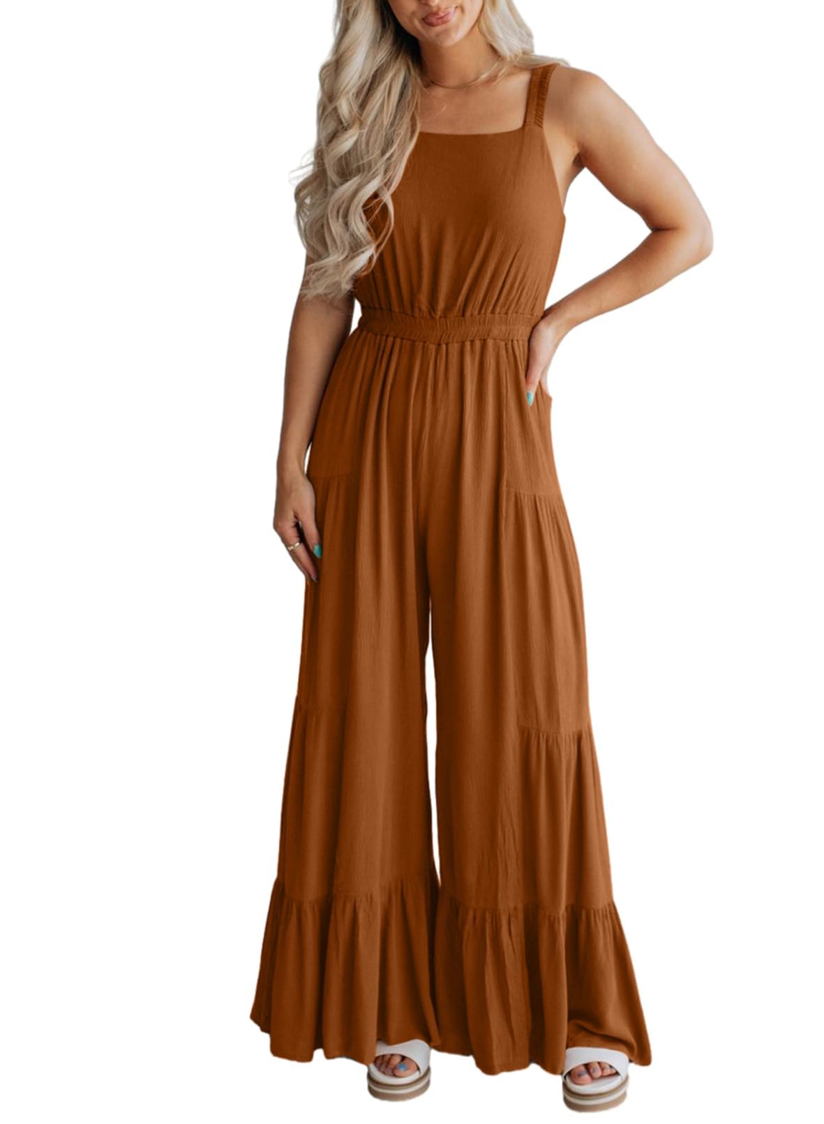 Photo 1 of BLENCOT Jumpsuits For Women Casual Sleeveless Ruffle Wide Leg Rompers Dressy Flowy Summer Outfits Spring Boho Comfy Overalls Flare Loose Pant Brown Small