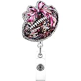 Colorful Football Acrylic Badge Holder with Pink Bow Glitter Badge Buddy Retractable ID Name Badge Reel Alligator Clip for Football Fans Nurses Teachers Office Workers Sports Enthusiasts