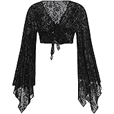 Verdusa Women's Plus Size Goth Tie Front Bell Long Sleeve Mesh Blouse Grunge Crop Top Gothic Clothes Rave Outfits
