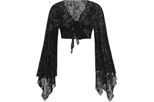 Verdusa Women's Plus Size Goth Tie Front Bell Long Sleeve Mesh Blouse V Neck Halloween Grunge Crop Top Gothic Clothes