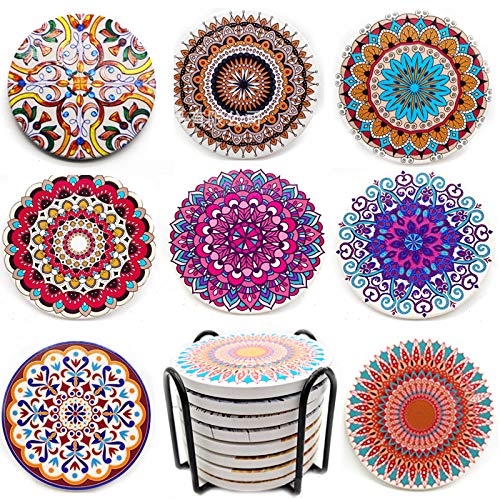 8 Pack Absorbent Ceramic Coasters with Cork Base, Prevent Furniture from Dirty and Scratched, for Drinks, Glass Cup Holder Coffee Mug Place Mats and Other Mugs and Cups (Pattern A)