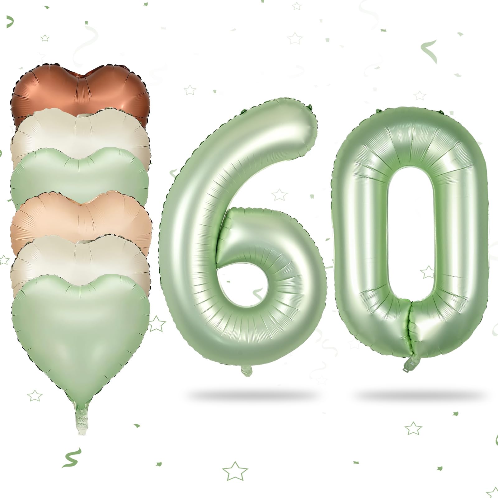 Biapian 40 Inch Sage Green Number 60 Balloons, Large Foil Number 6 & 0 Balloons with 18'' Olive Green Heart Balloon for 60th Year Old Birthday Decorations Men Women Anniversary Jungle Party Supplies