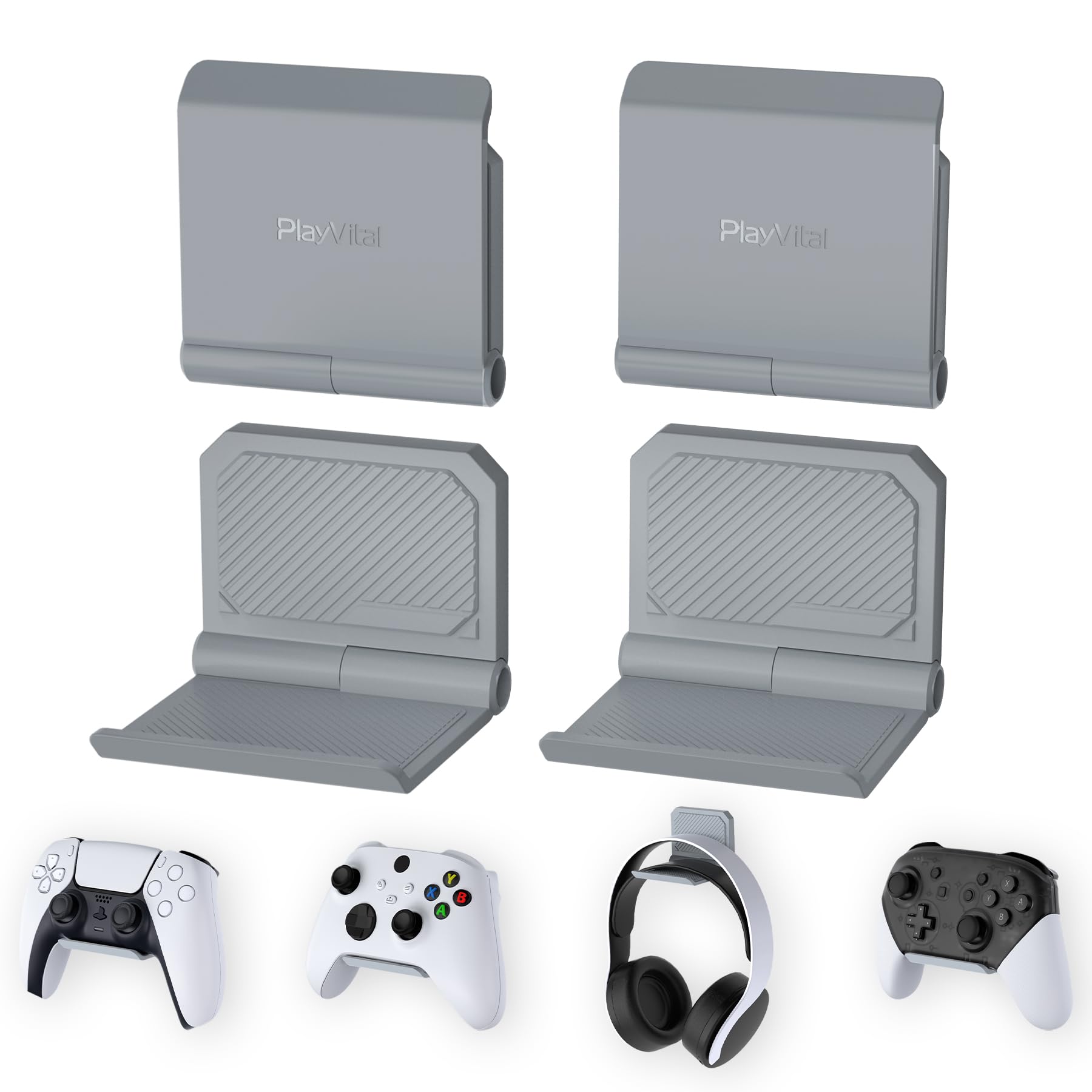 4 Pack FOLD Controller Holder Wall Mount for PS5 PS4 Xbox Switch Pro Headset, Universal Controller Acessories Organizer Headphone Stand - Foldable Anti-Slip Strong Adhesive, New Hope Gray