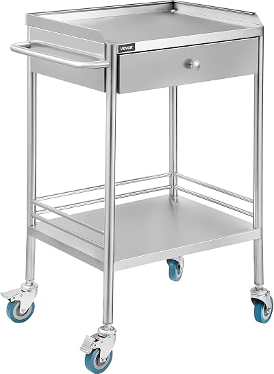 VEVOR 2 Shelf Stainless Steel Utility Cart with Drawer Rolling Wheels Dental