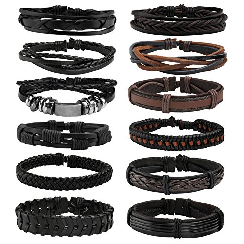 MILAKOO 12 Pcs Braided Leather Bracelets for Men Women Cuff Bracelet, Adjustable