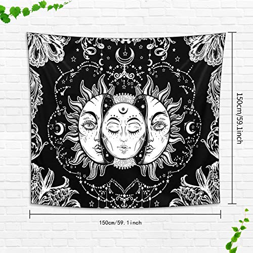 Tapestry Wall Hanging, Magicalmai Sun and Moon Wall Tapestry Burning Sun with Stars Tapestries Wall Art Mural Home Decorations for Bedroom Living Room Decor Black and White 59.1x59.1 Inches