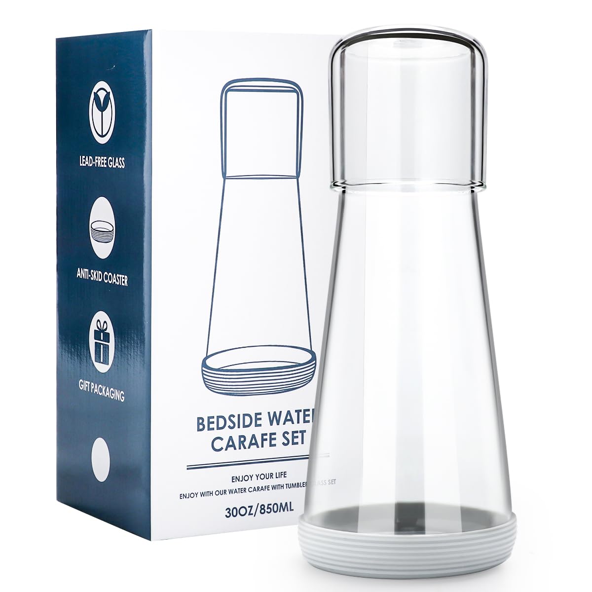 Quyimy Bedside Water Carafe Set With Glass, Lid, Tumbler for Nightstand, Bedroom, Bath - Clear Carafe With Cup & Grey Silicone Coaster for Mouthwash - 30 oz/850ml