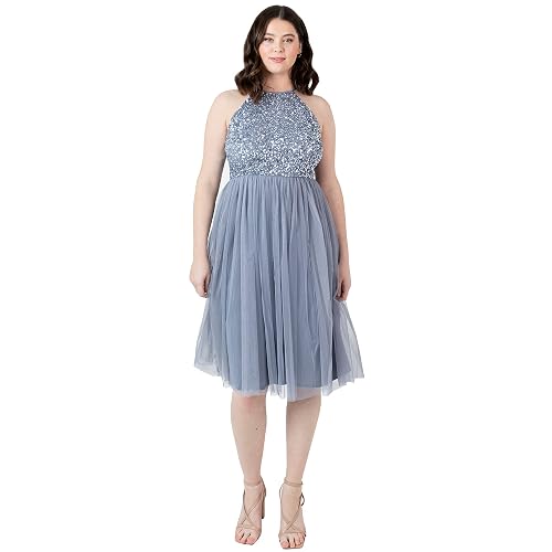 Maya Deluxe Women's Ladies Midi Dress with Halter Neck Tulle for Evening Graduation Prom Wedding Bridesmaids Ball Gown, Dusty Blue, 16