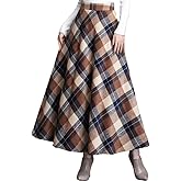 SUNYUESTAR Women's Plaid Skirt Warm Elastic Waist Wool A-Line Pleated Tartan Winter Long Skirts