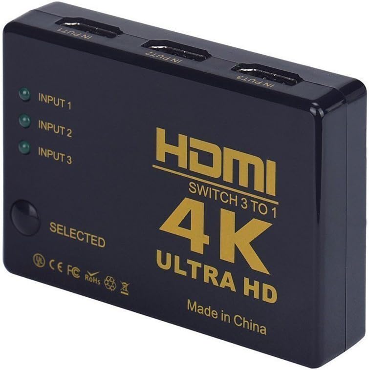 HDMI Switch.ONSEMI 4K 2K Intelligent Mini 3-Port HDMI Switcher, Splitter, Supports 4K, Full HD1080p, 3D with IR Remote
