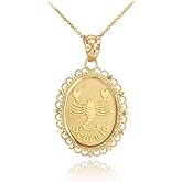 Fine 14k Yellow Gold Filigree-Style Oval Frame Scorpio Zodiac Sign Pendant Necklace