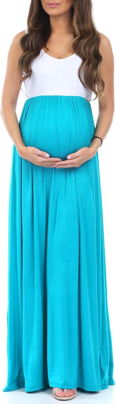 Sleeveless Ruched Color Block Maxi Maternity Dress for Baby Shower or Casual Wear
