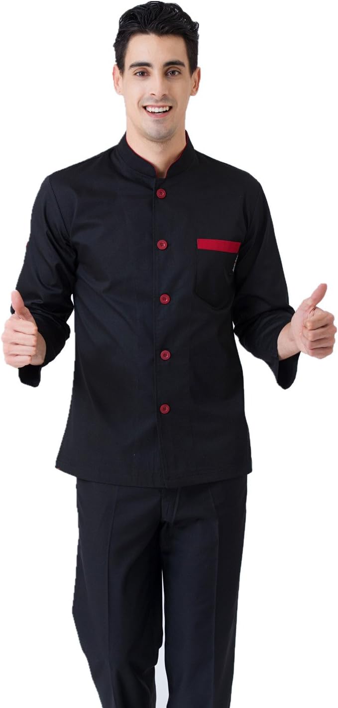JXH Chef Uniforms men's black long sleeve chef coat with red buttons