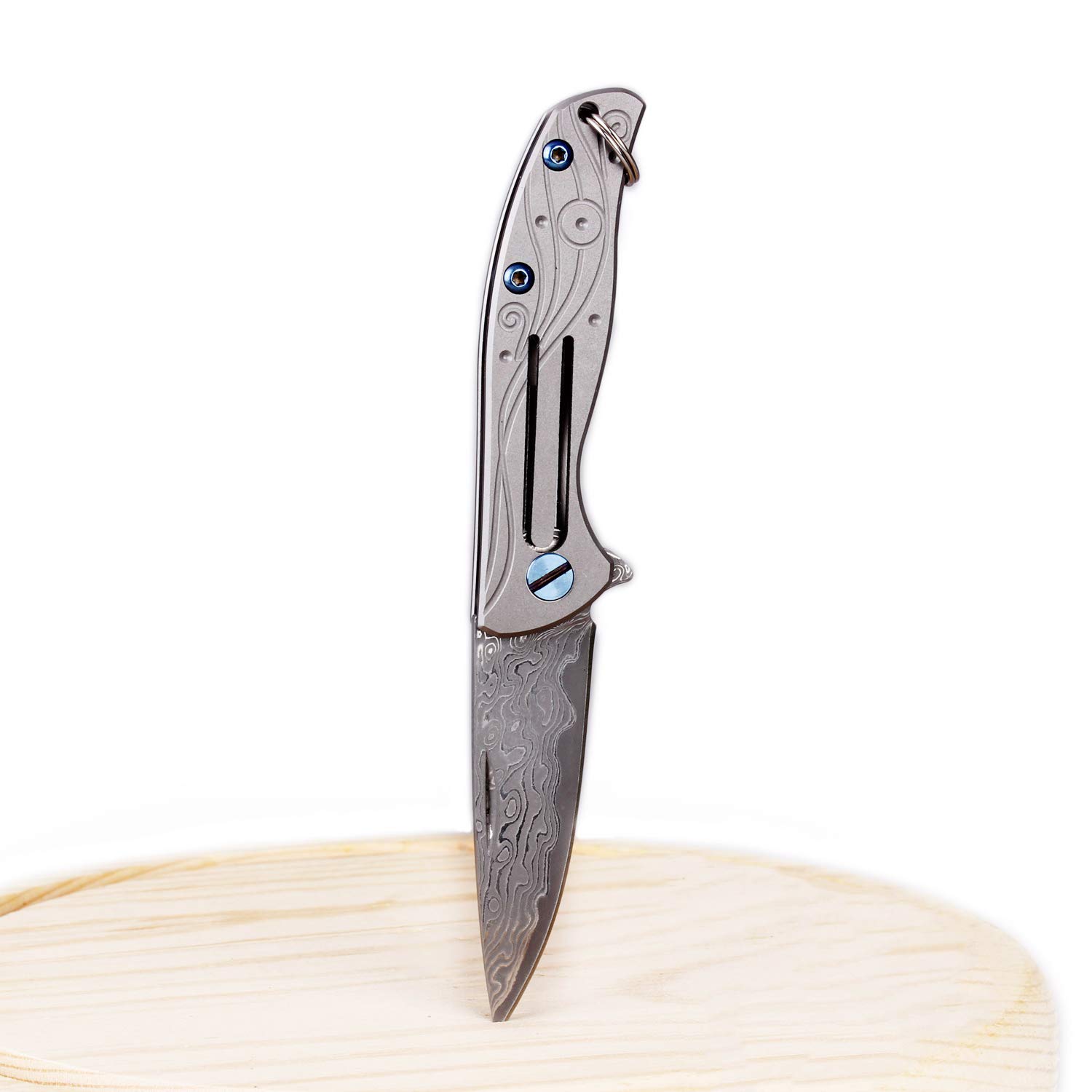 Samior TD21 Small Pocket Folding Flipper Knife, 2" VG10 Damascus Slip Joint Blade TC4 Titanium