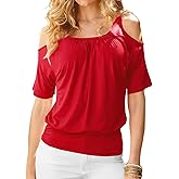 LEIYEE Womens Cold Shoulder Tops Summer Sexy Casual Short Sleeve Ruched Scoop Neck Banded Bottom Shirts Blouse
