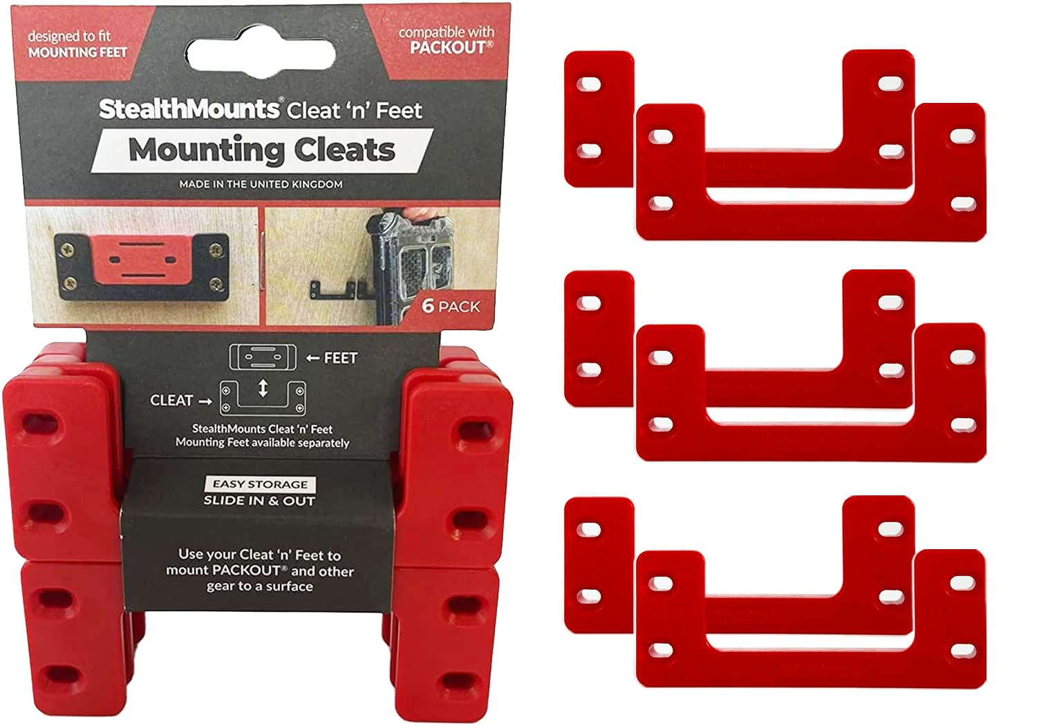StealthMounts Red Packout Mounting Cleats (6 Pack) | Tool Box Storage System | Mount Anywhere | Compatible with Milwaukee Packout Red