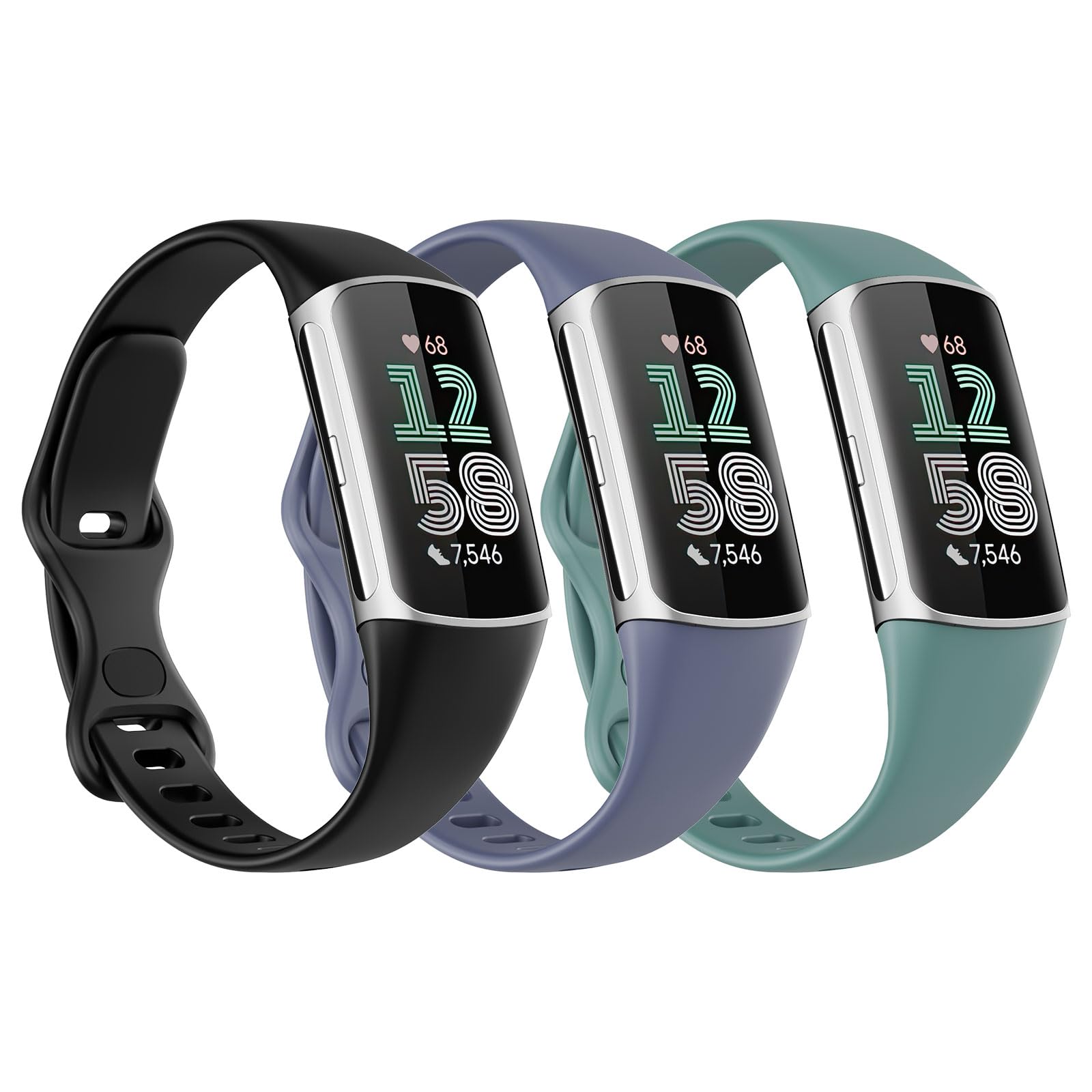 Astorgos 3 Pack Slim Straps Compatible with Fitbit Charge 6/Charge 5 for Women Men, Soft TPE Watch Strap Thin Band Replacement Wristband, Black/Pine Green/Blue Gray