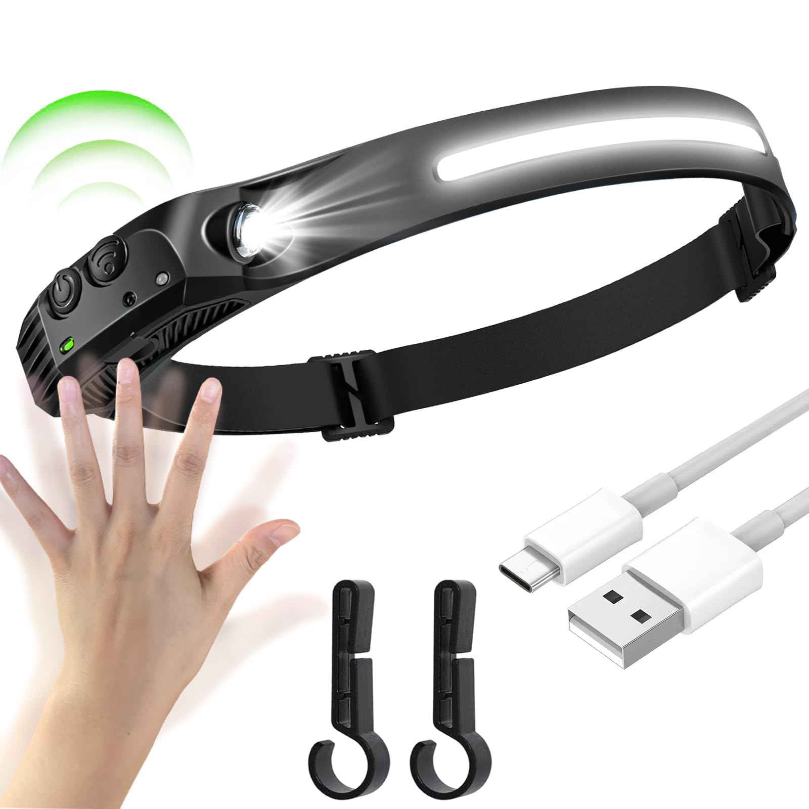 1PCS LED Head Torch, USB Headlamp 350 Lumens COB LED Headlight 80g Motion Sensor Headtorch with IPX4 Waterproof for Kids Adults, Running, Camping, Hiking, Fishing, Hunting, Climbing