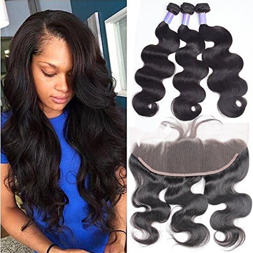 7A Virgin Hair Body Wave 3 Bundles With Lace Frontal Closure 13x4 Ear To Ear Frontal With Baby Hair Brazilian Human Hair Extensions(12 14 16 with 10)