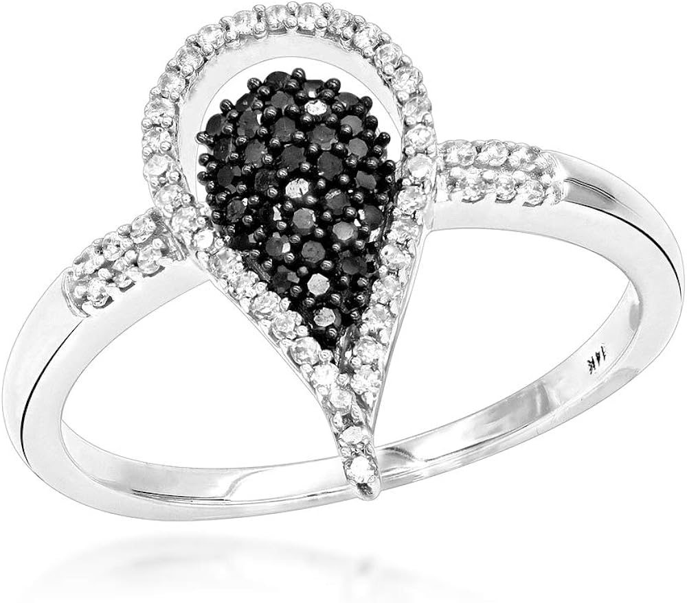 White Black Diamond Teardrop Ring for women 14K Gold 0.3ctw