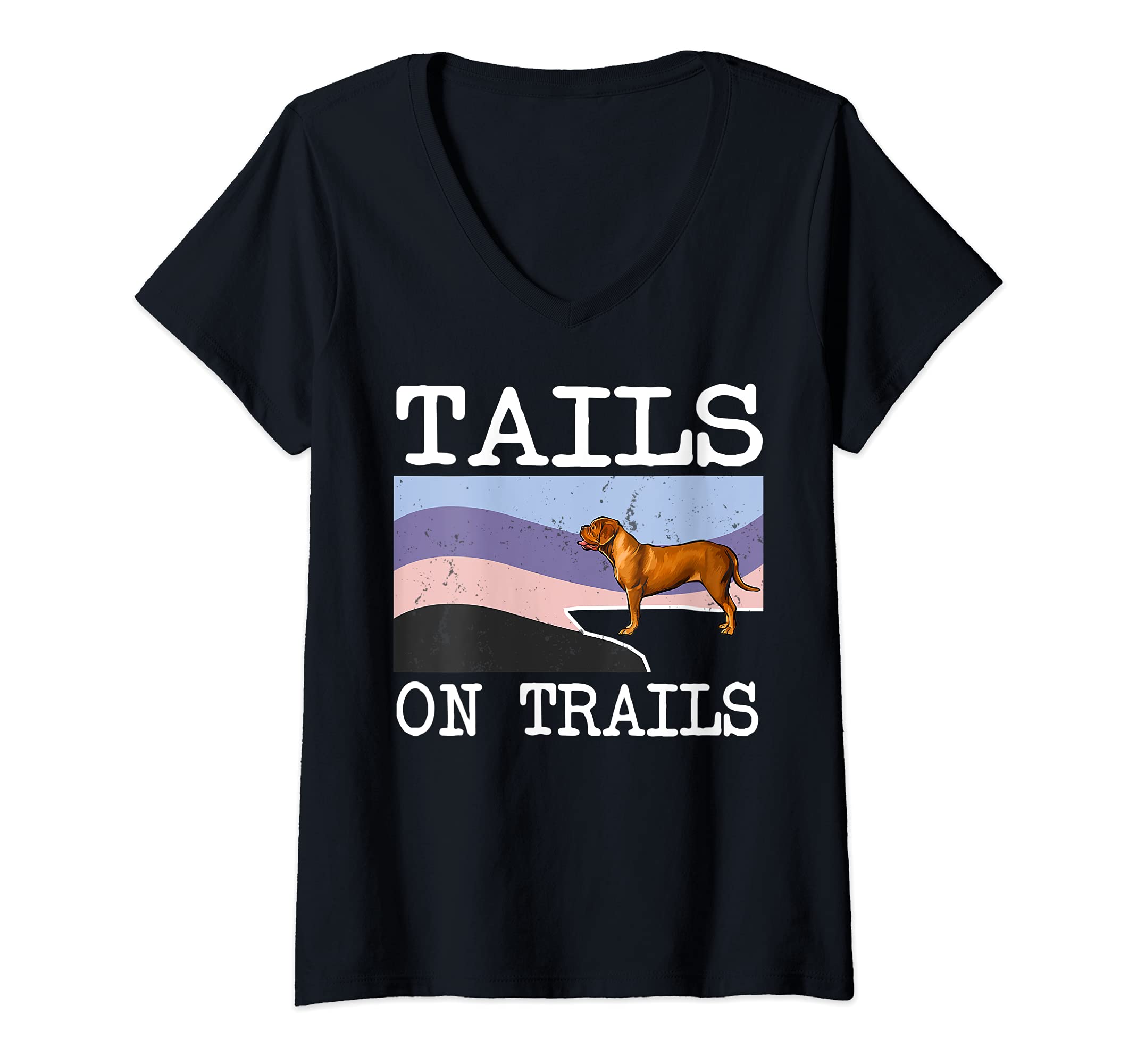 Womens Dogues de Bordeaux Tails On Trails Funny Dog Hiking V-Neck T-Shirt