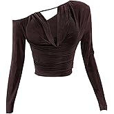 MakeMeChic Women's Y2k Party Cut Out Crop Tops Ruched Off The Shoulder Long Sleeve T Shirt