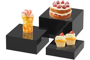 CHONOVO Buffet Risers 3Pcs Food Display Risers for Party Buffet Risers and Stands 6" 7" 8" Food Risers for Buffet Table Acrylic Black Cube Boxes Nesting Risers for Catering Dessert with Hollow Bottoms