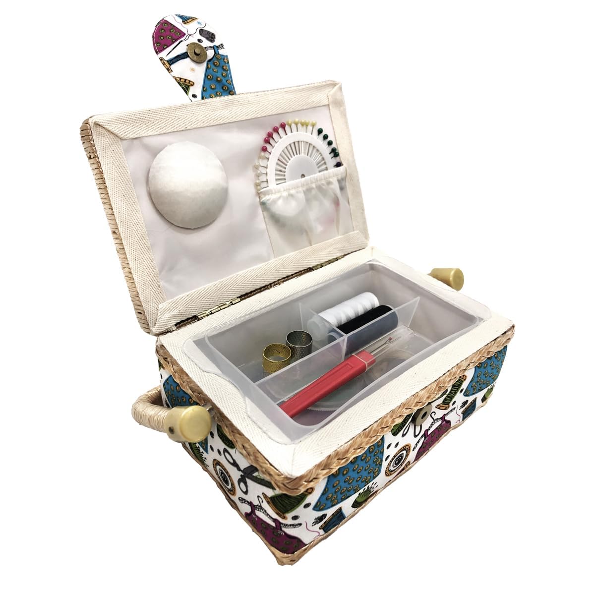 JYC CREATIVE Small Sewing Box with Sewing Accessories, Fabric Lined Sewing Box with Compartments, Complete Sewing Box, Gift for Mothers, Friends, Sisters,