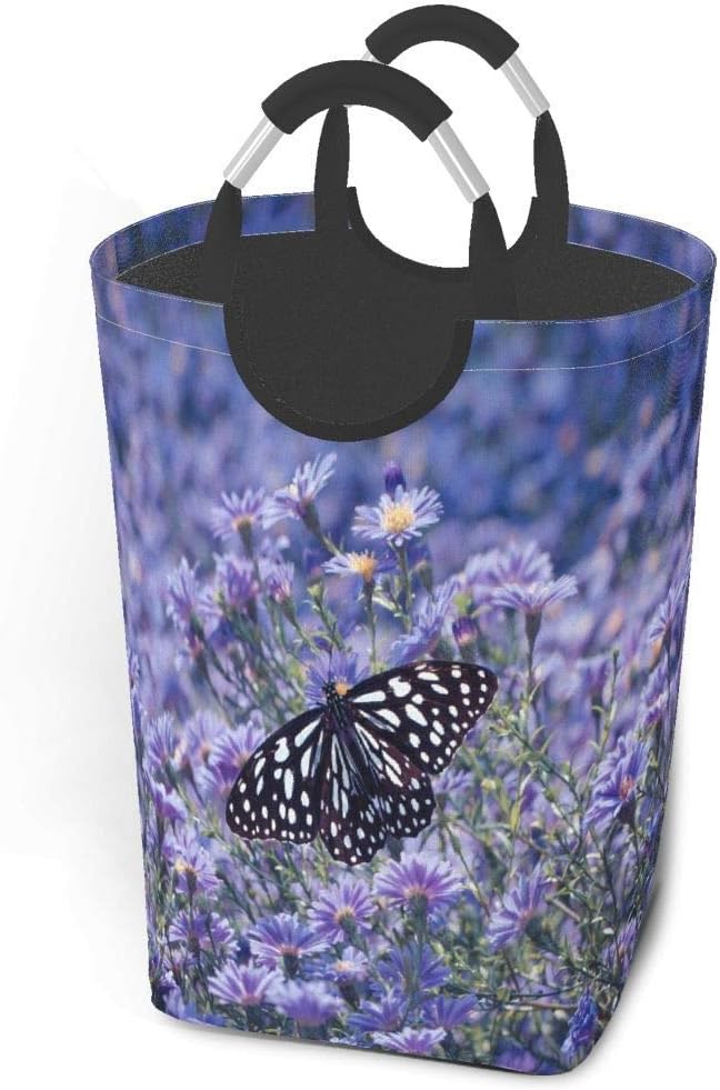 Cesta de lavandería, color morado, con margaritas, flor, mariposa