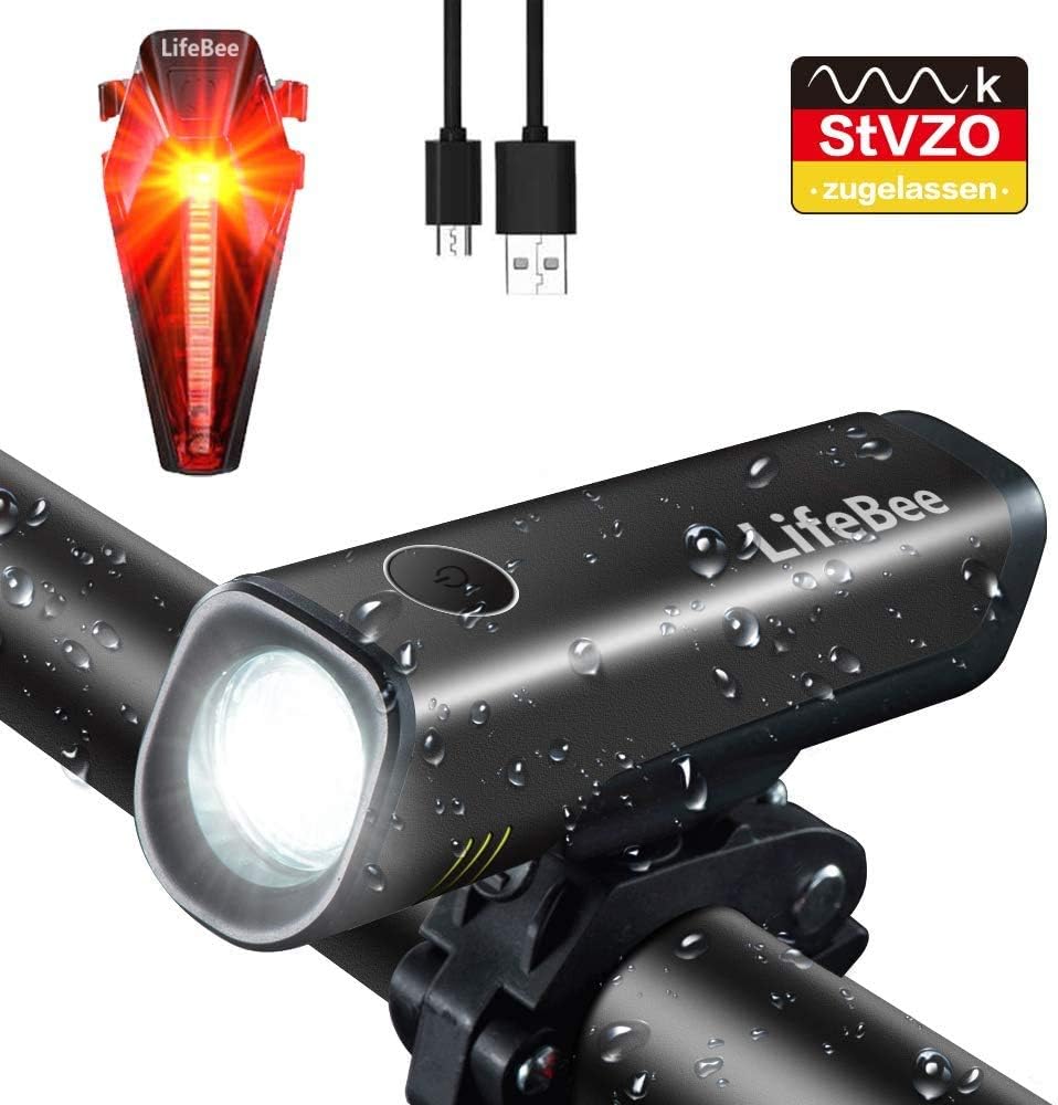 LIFEBEE LED Fahrradlicht Set, StVZO Zugelassen LED Fahrradbeleuchtung Fahrradlampe fahrradlichter USB Wiederaufladbare Set Wasserdicht Frontlicht Rücklicht 2600mAh 300Lumen Licht für Fahrrad Set