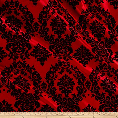 Flocked Damask Taffetta Red/Black Fabric By The Yard