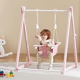 FUNLIO Montessori Wooden Swing Set for Toddlers 6-36 Months, Foldable Indoor Baby Swing Set of Durable Pine, Portable with 4