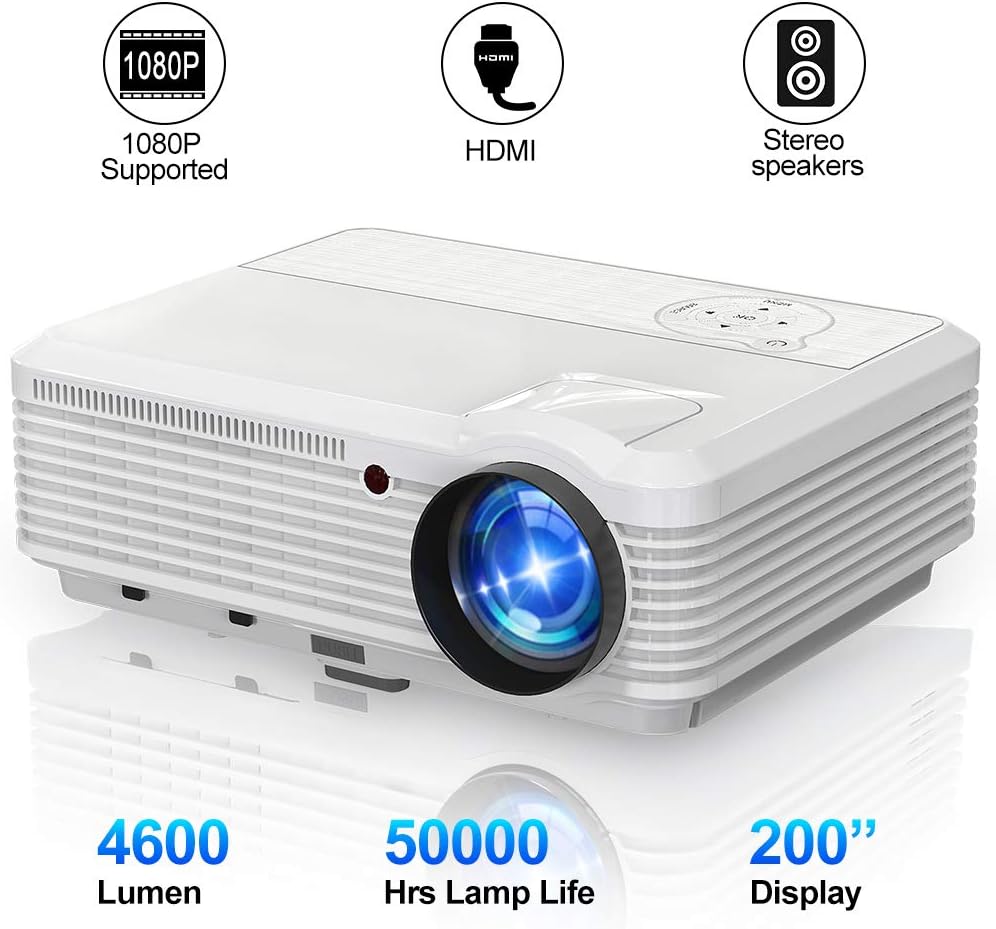 4600 Lux Video Projector with 50000 Hours Life, Home Theater Projector 1080P Supported, Compatible with Phone, Laptop, PC, TV Stick, PS4, HDMI, USB, VGA, AV, LED Projector for Outdoor Movie Gaming