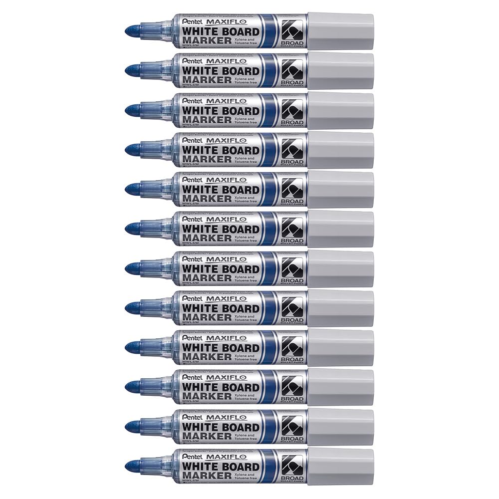 Pentel Maxiflo Broad Point Liquid Ink Dry Wipe Marker - MWL5W - Pack of 12, Blue