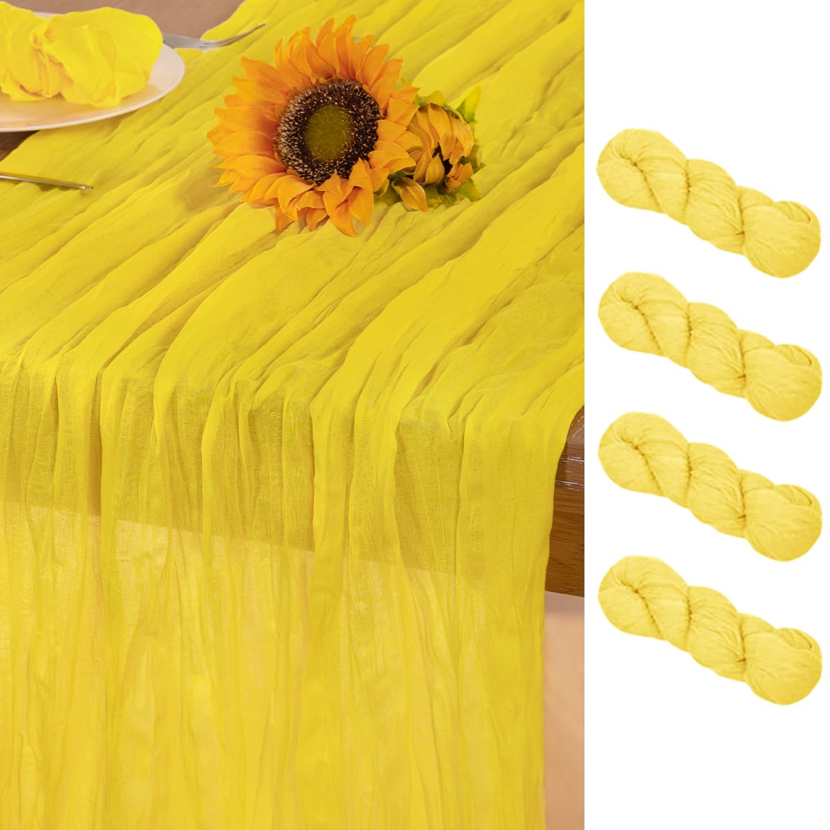 Photo 1 of DeZerlor Yellow Cheesecloth Table Runner 4 Pack Lemon Decorations for Baby Shower Sheer Yellow Cheese Cloth Table Runners Boho Gauze 120 Inches Summer Table Decor for Wedding Bridal Shower Parties