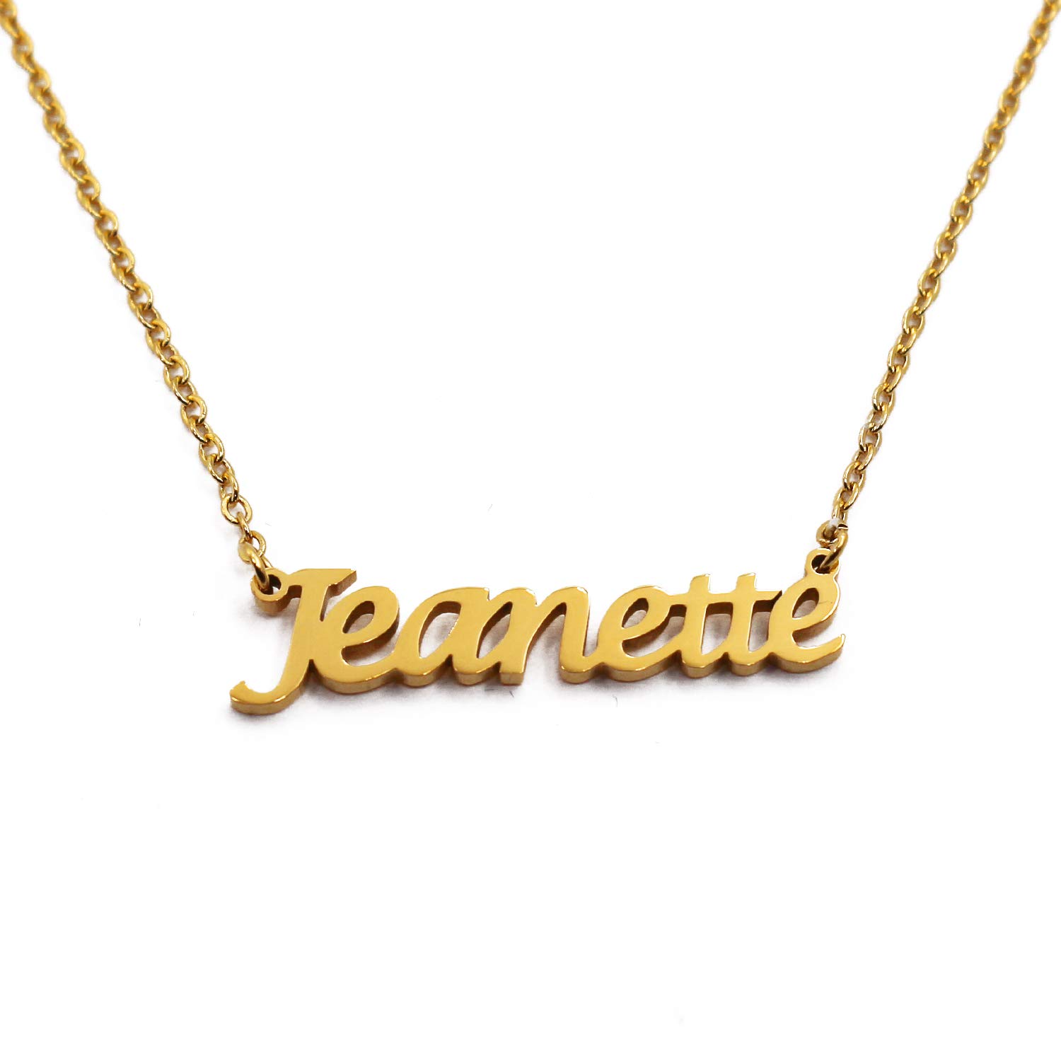Kigu Jeanette Personalised Name Necklace 18ct Gold Plated, Custom Dainty Name Pendants, Jewellery for Ladies, Girlfriend, Mother, Sister, Friends