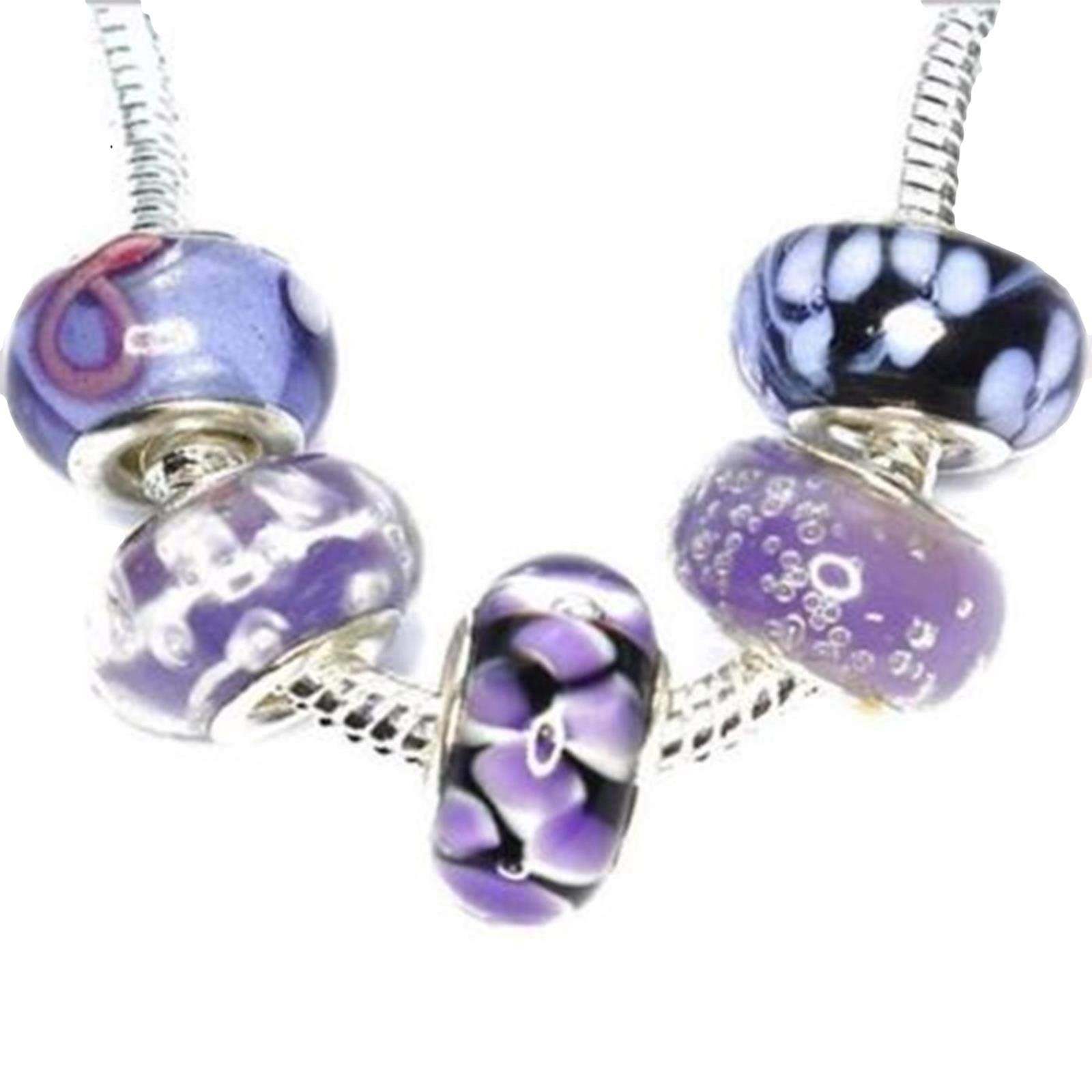 5 x Purple Lilac Glass Charms Beads Set with Gift Bag for Charm Bracelets