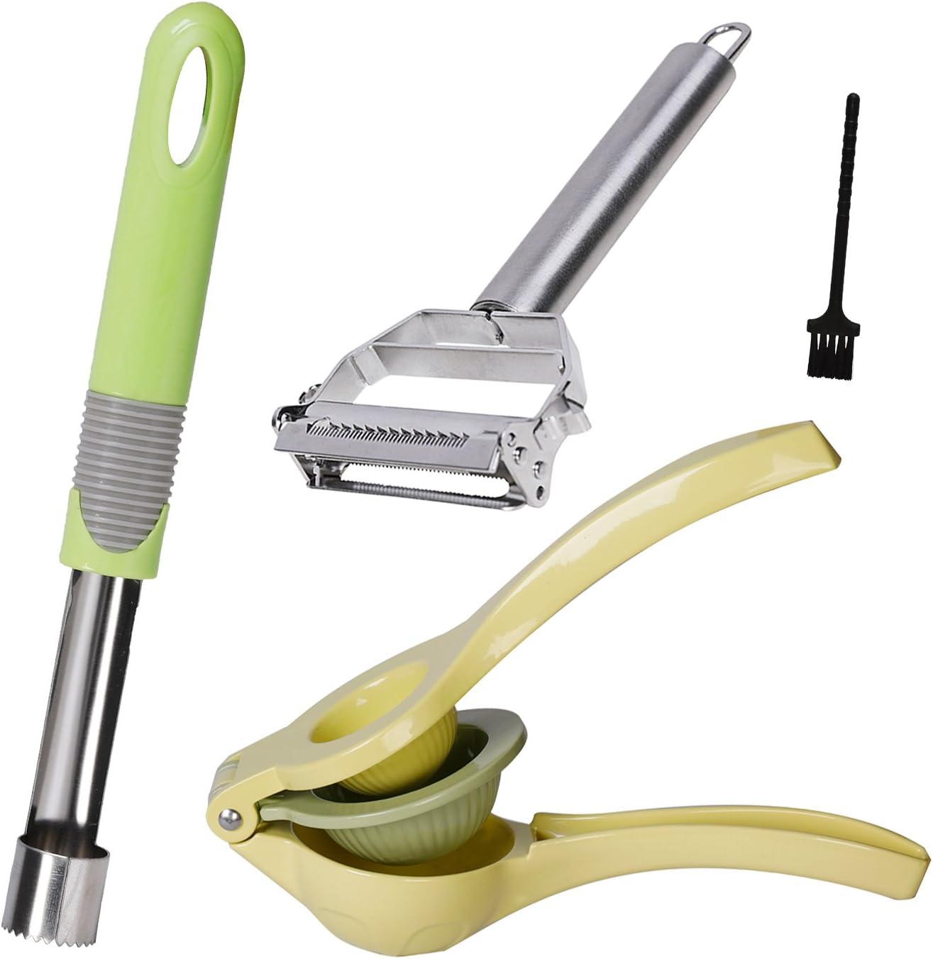 Besula 4 In 1 Premium Quality Home Accessories Package For Your Kitchen – Lemon Squeezer, Vegetable Peeler, Apple Corer,Cleaning Brush – A Durable 4 Set Package That Will Make Food Prep Easy