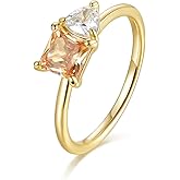 Gloffery 14K Gold Plated Engagement Rings for Women Princess Cut Created Yellow Citrine Trillion Cut Cubic Zirconia Double Stone Wedding Band Promise Rings for Her Size 5-10
